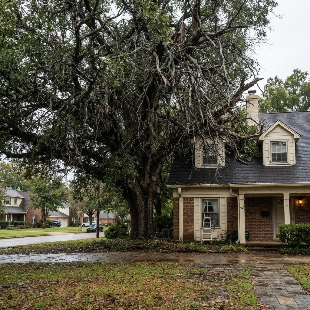 An overgrown oak with crowded limbs crowding a roofline before pruning in Collegedale