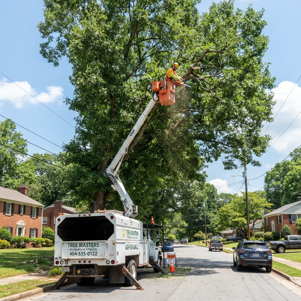 Bucket truck tree service pruning a tall tree in Chattanooga