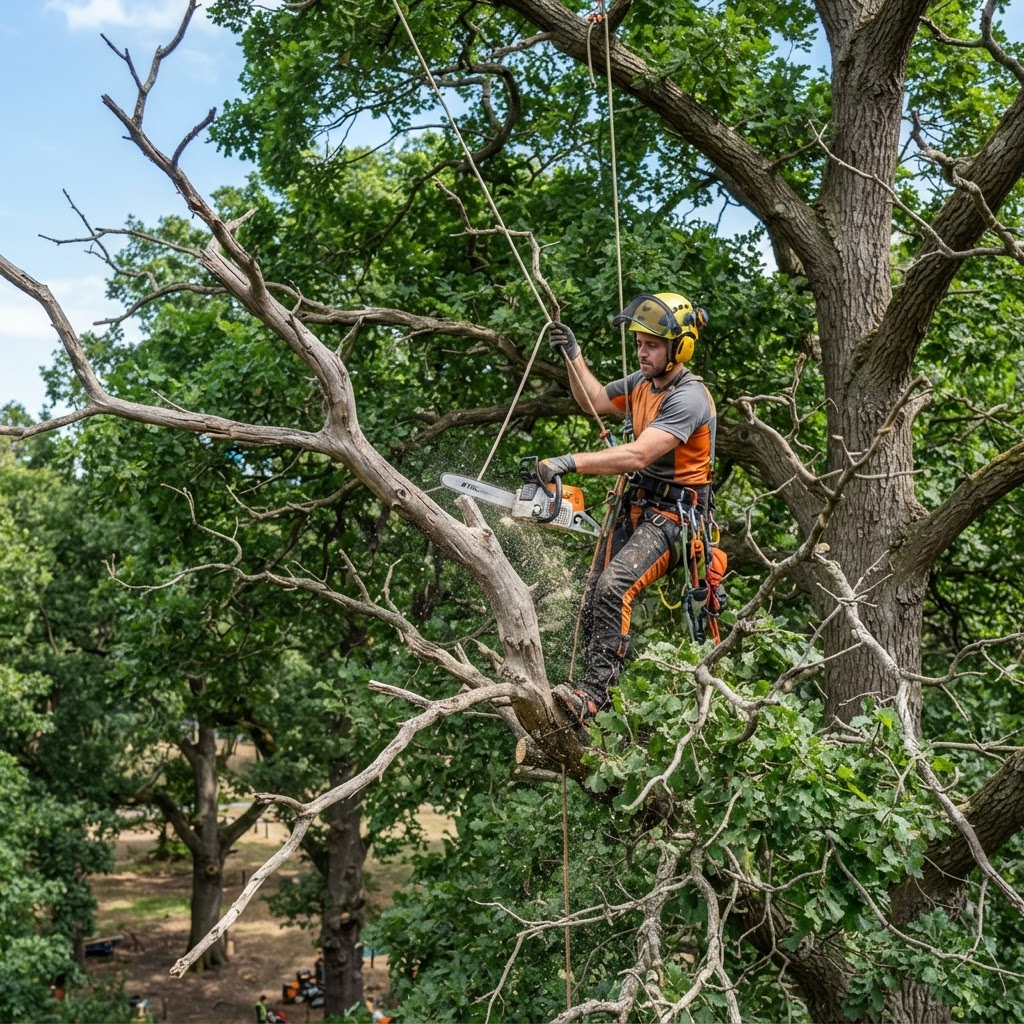 Arborist removing large dead limbs from a tree canopy on Lookout Mountain