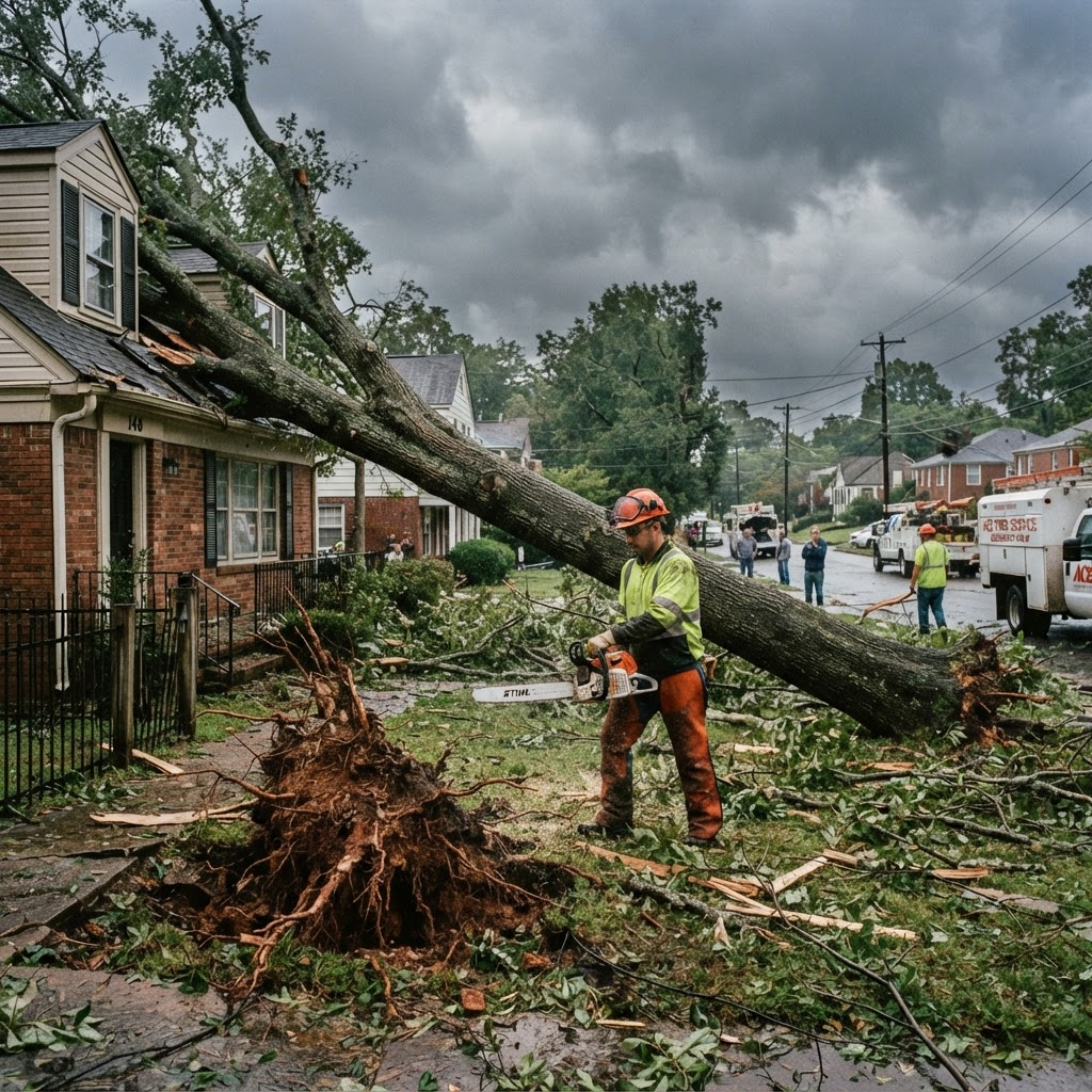 Emergency storm tree service clearing a fallen tree in Chattanooga