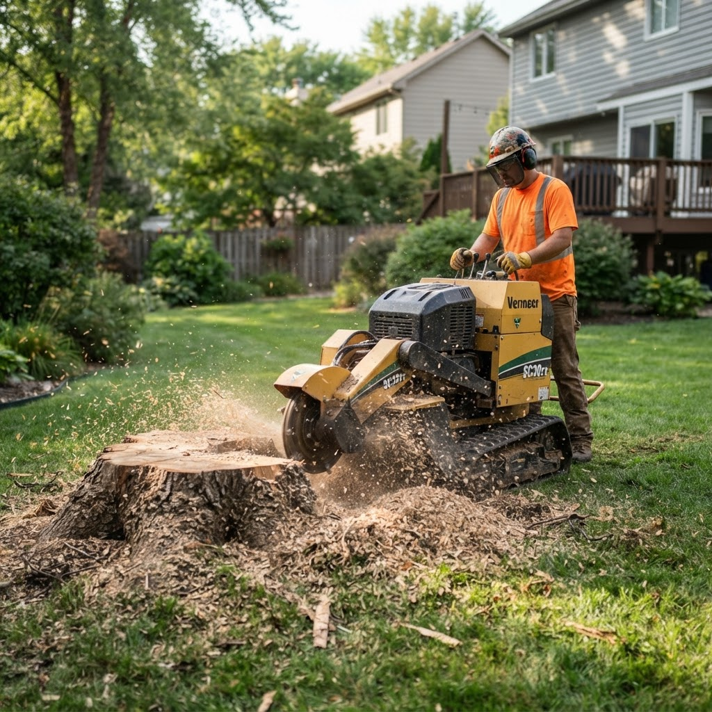 Stump grinder removing a tree stump below grade in a Chattanooga-area yard