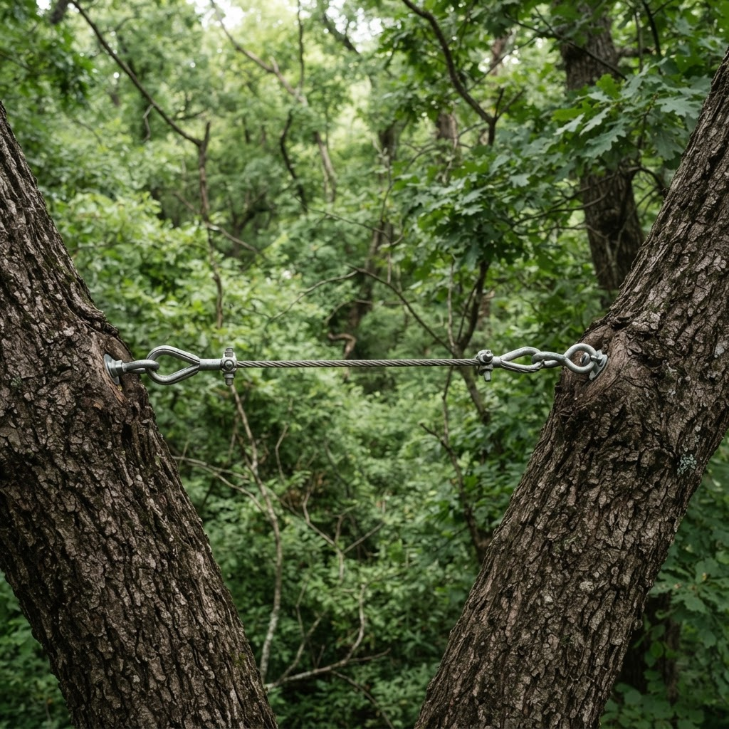 Steel support cable installed high in a mature tree for cabling and bracing in East Brainerd