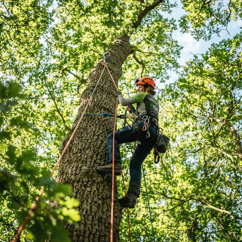 Arborist ascending an oak on rope to prune the canopy in North Chattanooga
