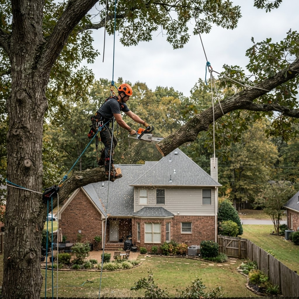 Arborist rigging down a large limb during a controlled tree removal in Chattanooga, TN