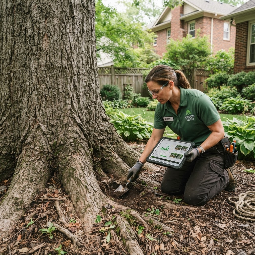 Arborist inspecting a tree trunk during a tree risk assessment in Chattanooga, TN