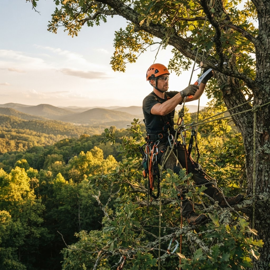 Arborist working high in a large oak with ropes during tree service in Chattanooga, TN