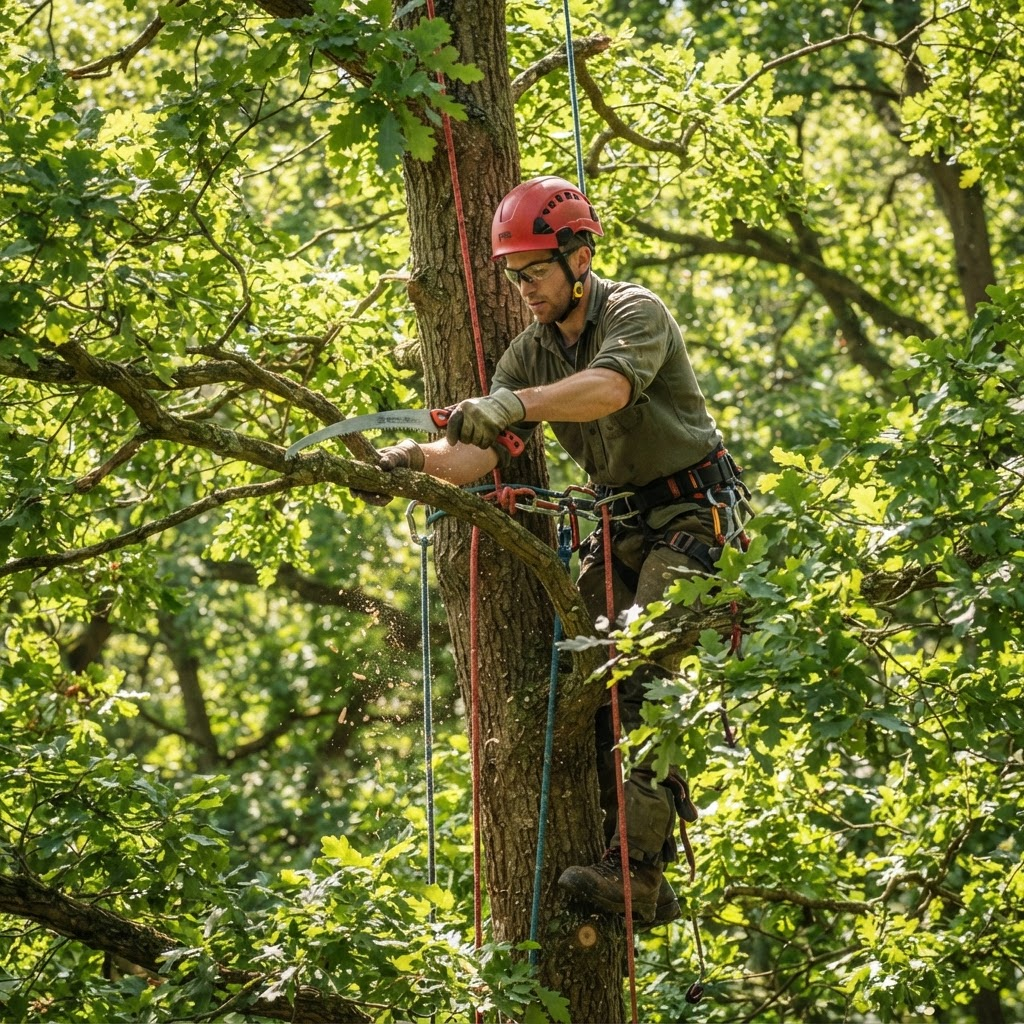 Arborist trimming and pruning a mature oak canopy in Red Bank, TN